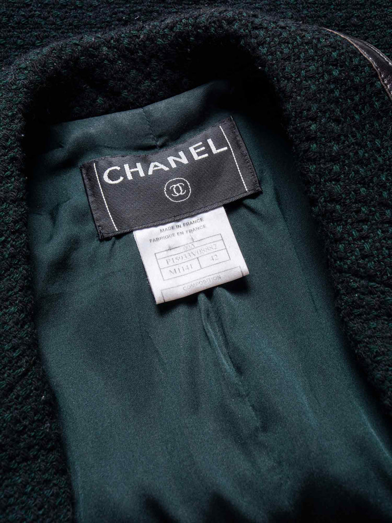 CHANEL Tweed Leather Trim Fitted Jacket Green-designer resale