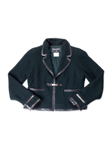 CHANEL Tweed Leather Trim Fitted Jacket Green-designer resale