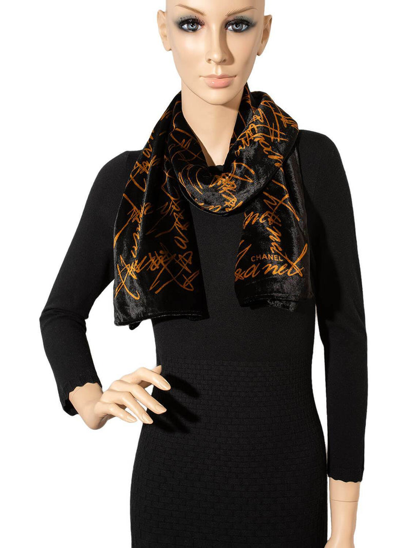 CHANEL Velvet Signature Long Scarf Black-designer resale