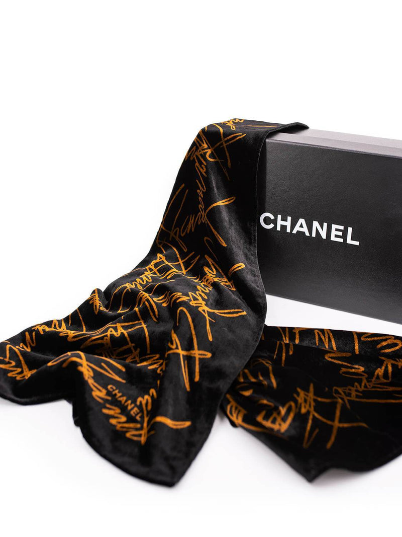 CHANEL Velvet Signature Long Scarf Black-designer resale