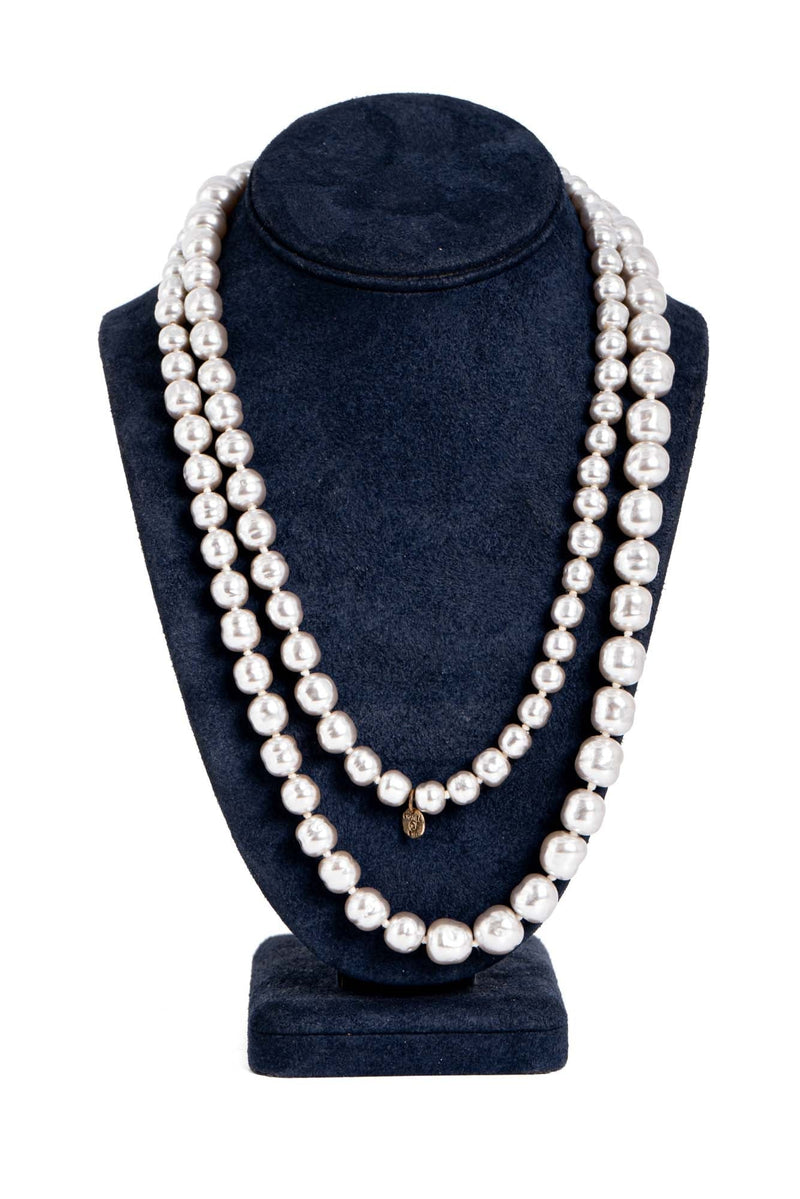 CHANEL Vintage CC Logo Pearl Long Necklace Grey-designer resale