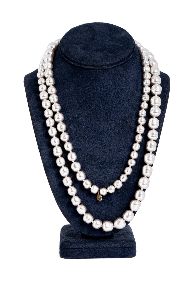 CHANEL Vintage CC Logo Pearl Long Necklace Grey