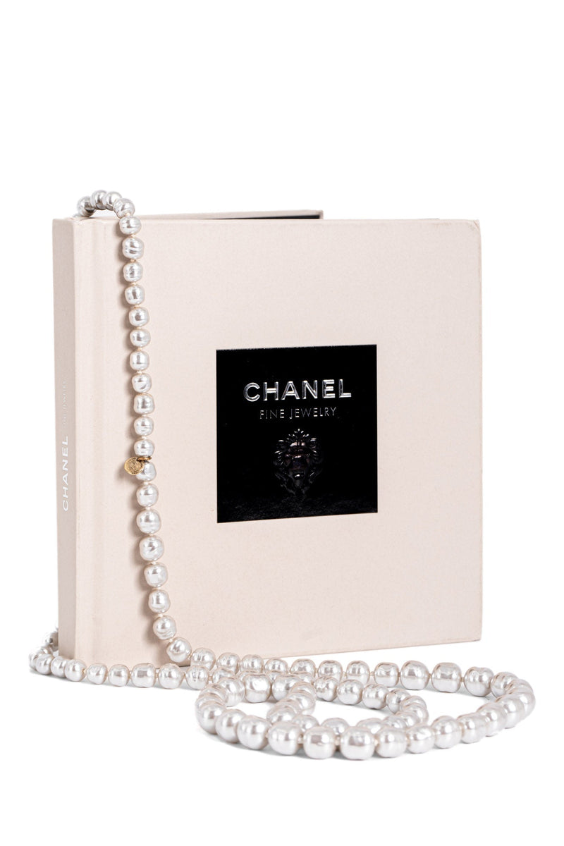 CHANEL Vintage CC Logo Pearl Long Necklace Grey
