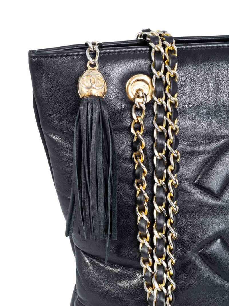 Authentic Vintage Chanel Black Lambskin Leather Chevron Chain