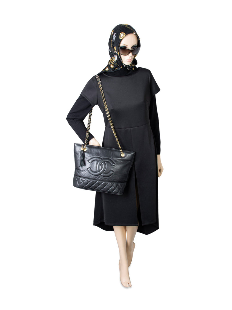 CHANEL Vintage CC Quilted Leather Tassel Shopper Bag Black-designer resale