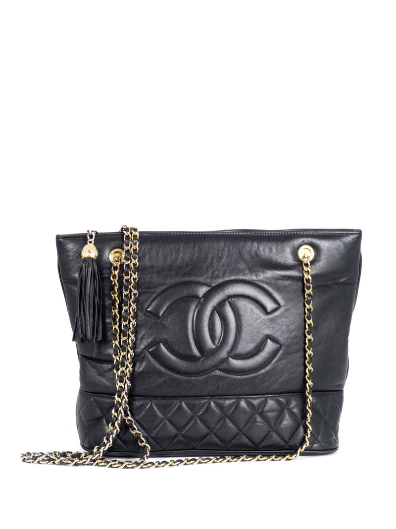 CHANEL Vintage CC Quilted Leather Tassel Shopper Bag Black-designer resale