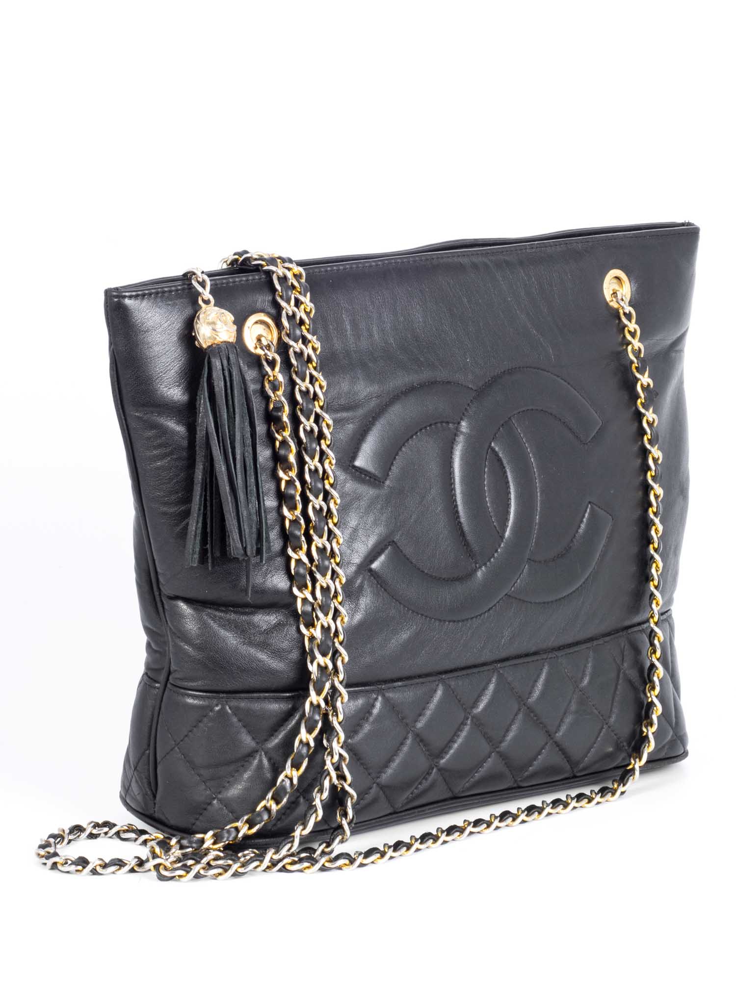 CHANEL Vintage CC Quilted Leather Tassel Shopper Bag Black-designer resale
