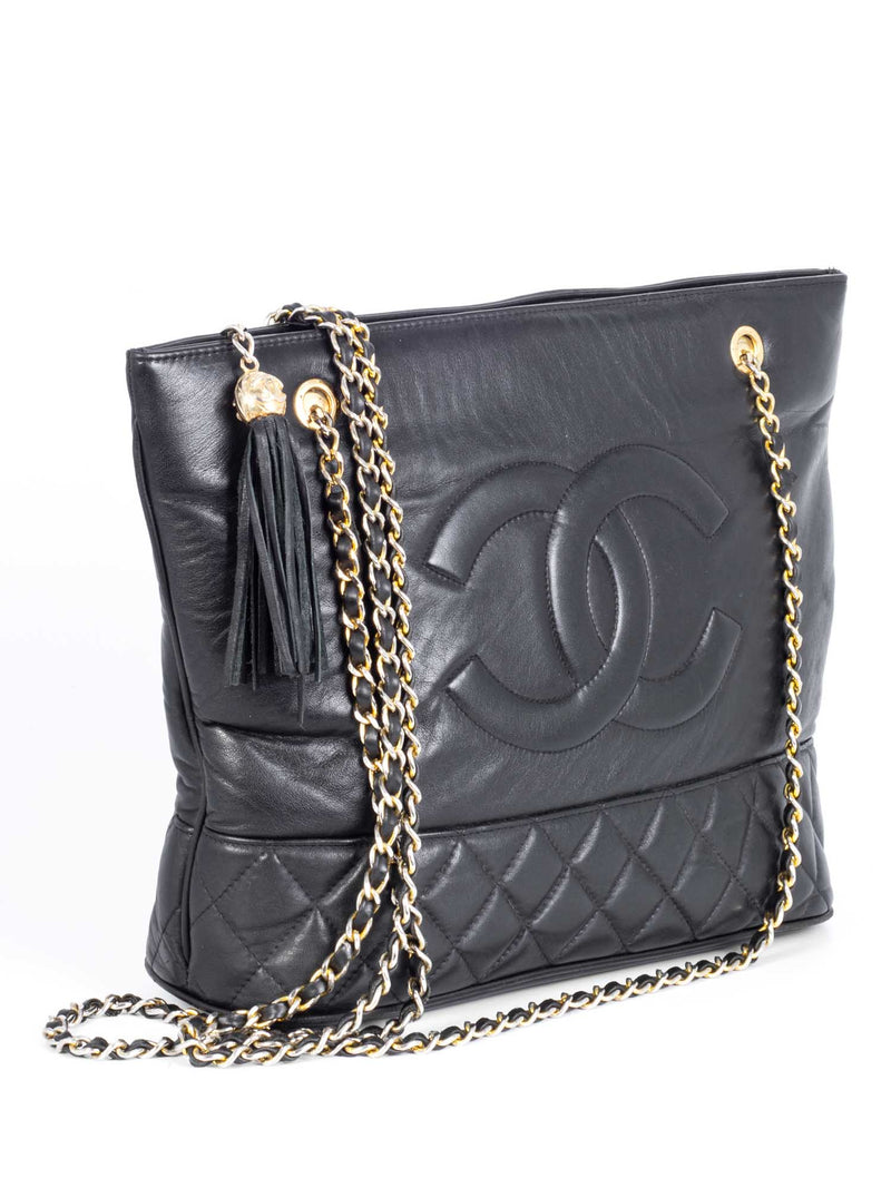 Handbags Chanel Chanel Vintage Black / Gold Tassel Detail CC Logo Embossed Suede Leather Handbag