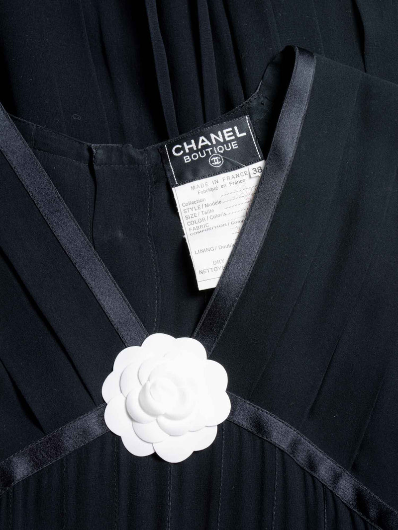 CHANEL Vintage Camellia Silk Maxi Pleated Dress Black-designer resale