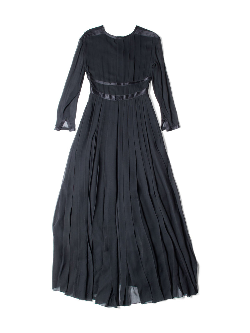 CHANEL Vintage Camellia Silk Maxi Pleated Dress Black