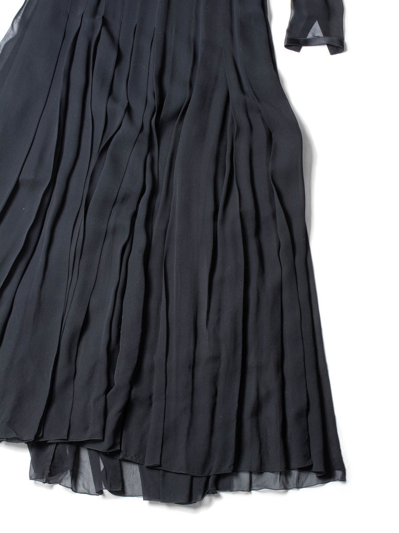 CHANEL Vintage Camellia Silk Maxi Pleated Dress Black-designer resale