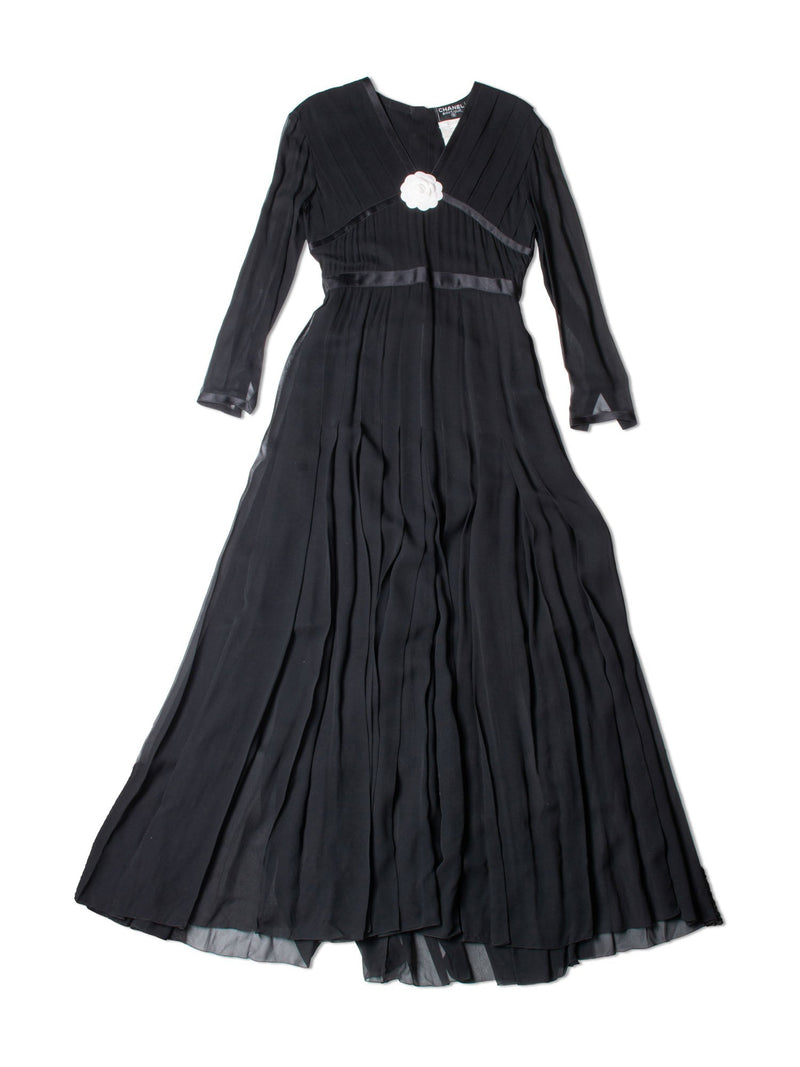 CHANEL Vintage Camellia Silk Maxi Pleated Dress Black