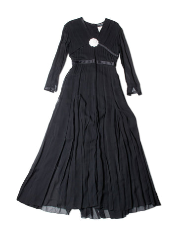CHANEL Vintage Camellia Silk Maxi Pleated Dress Black-designer resale