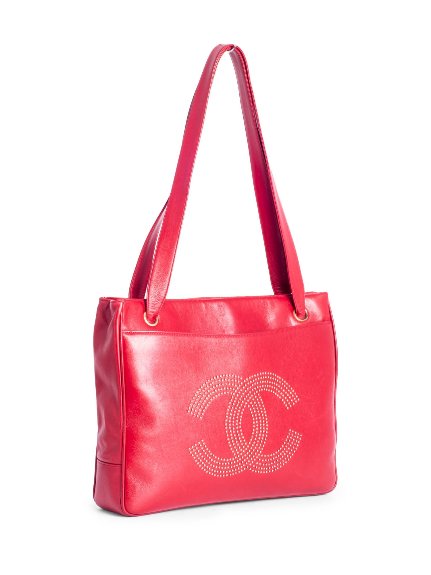 CHANEL Vintage Lambskin Leather Studded CC Logo Shopper Bag Red