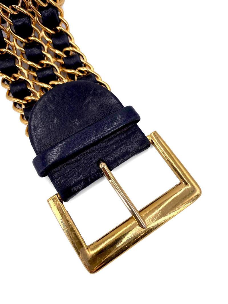 CHANEL Vintage Leather Gold Chain Link Belt Black
