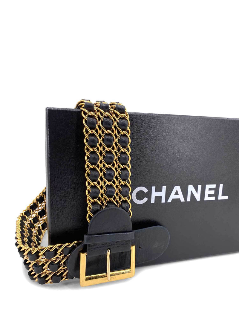 CHANEL Vintage Leather Gold Chain Link Belt Black