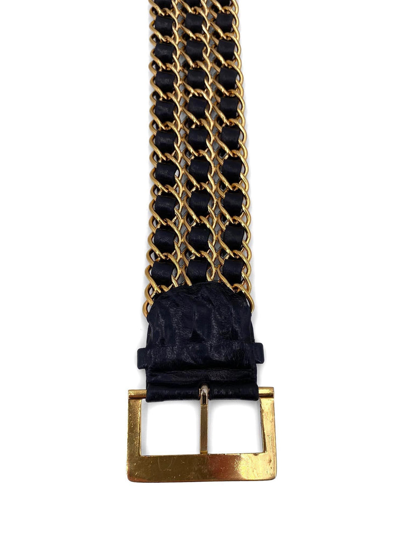 Chanel Vintage Iconic Gold Five Row Chain and Black Leather Cuff