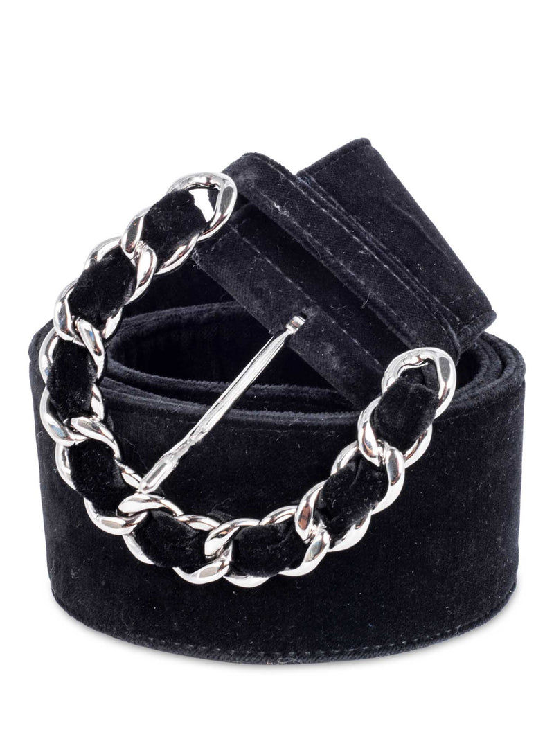 CHANEL Vintage Velvet Large Silver Chain Link Belt Black 90