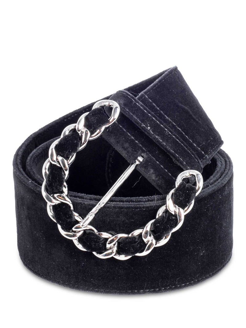 CHANEL Vintage Velvet Large Silver Chain Link Belt Black 90