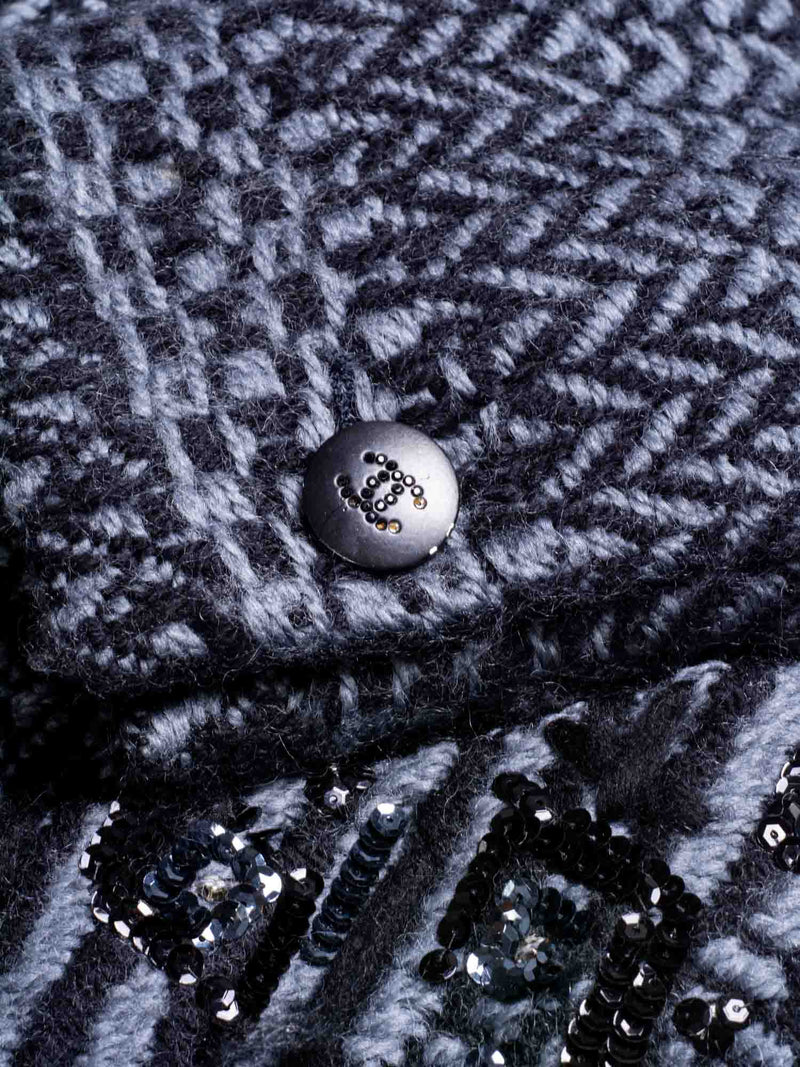 CHANEL Wool CC Logo Embroidered Belted Jacket Grey Black-designer resale