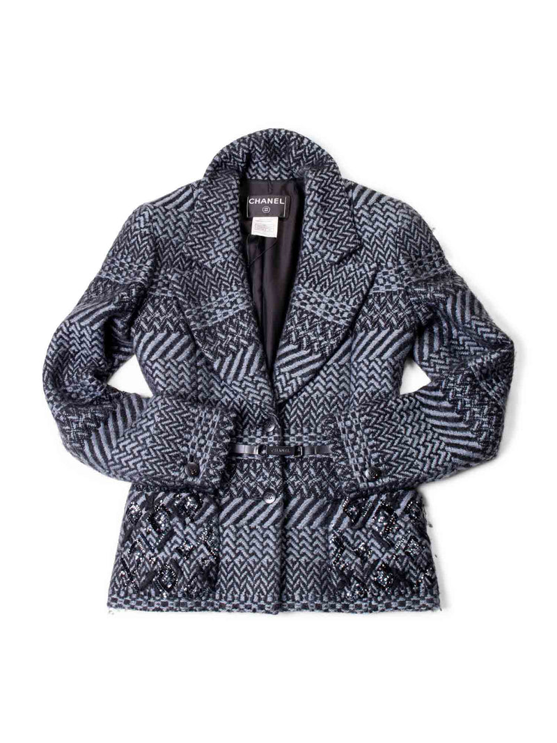 CHANEL Wool CC Logo Embroidered Belted Jacket Grey Black-designer resale