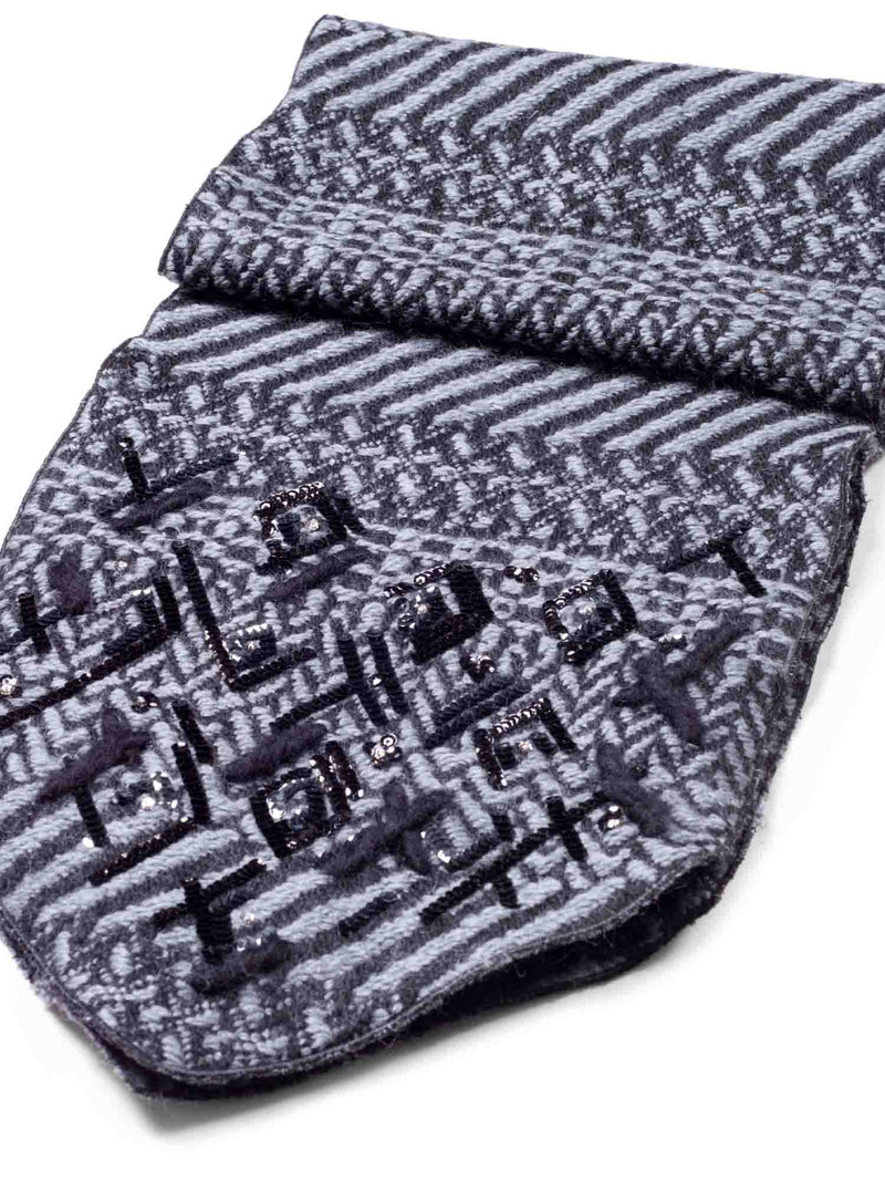 CHANEL Wool Embroidered Scarf Grey Black-designer resale