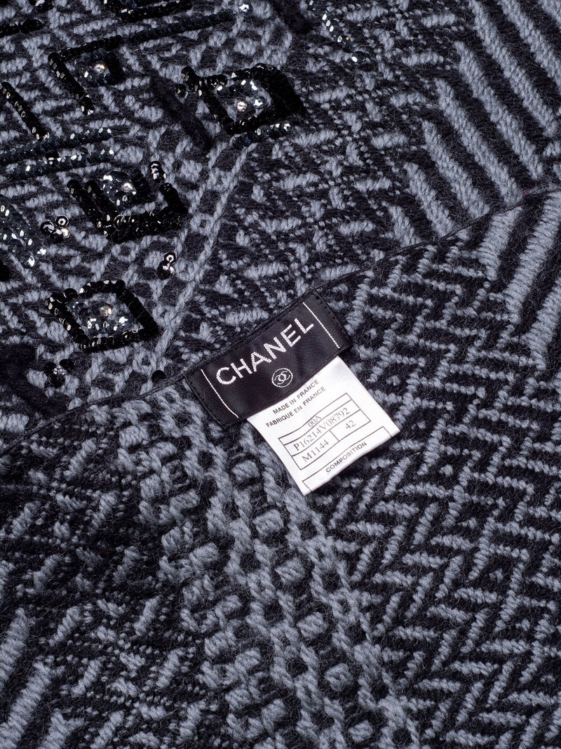 CHANEL Wool Embroidered Scarf Grey Black-designer resale