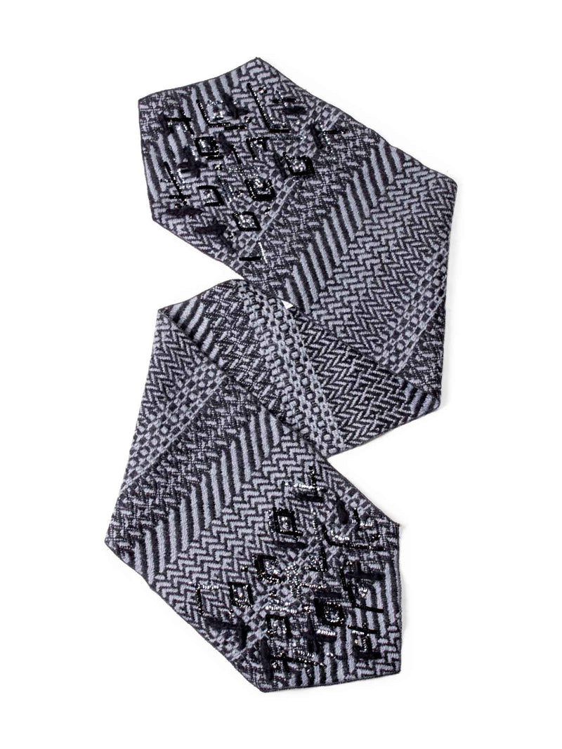 CHANEL Wool Embroidered Scarf Grey Black-designer resale