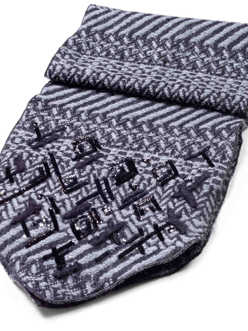 CHANEL Wool Sequin Embroidered Scarf Grey Black-designer resale
