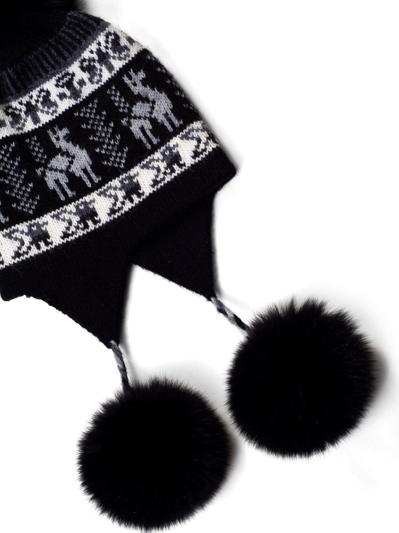 CODO 2 Ply Alpaca Pom Pom Fox Hat Black-designer resale