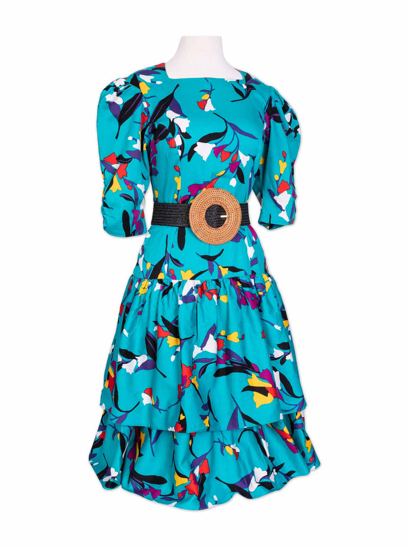 CODO Cotton Floral Belted A-Line Dress Green-designer resale