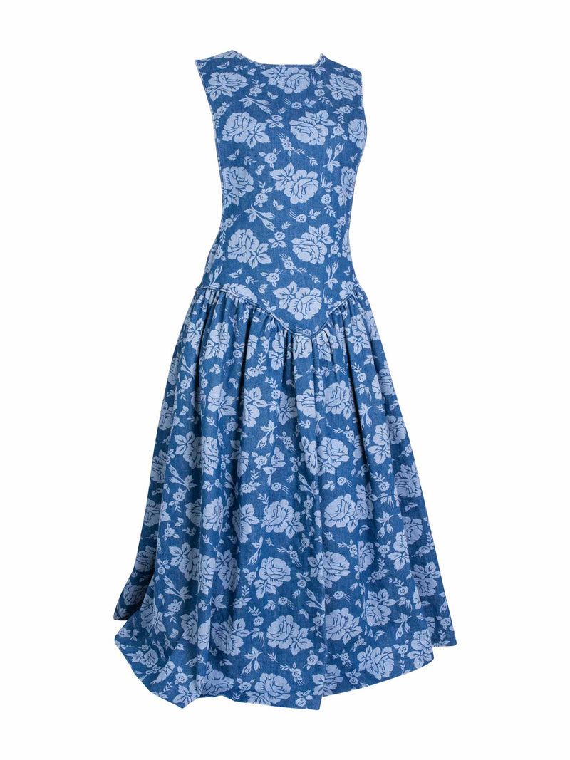 CODO Cotton Floral Denim Maxi Apron Dress Blue-designer resale