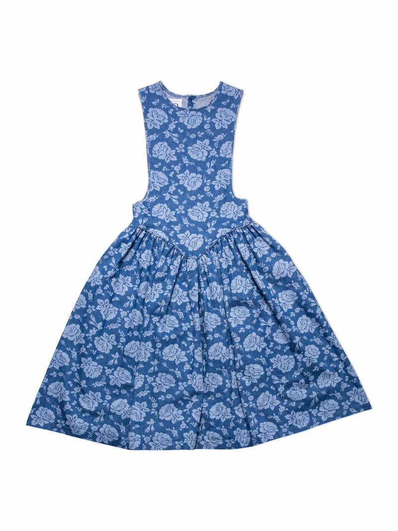CODO Cotton Floral Denim Maxi Apron Dress Blue-designer resale