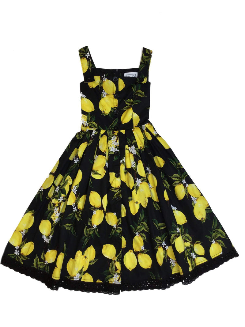 CODO Cotton Lemon Print Midi A-Line Dress Black-designer resale