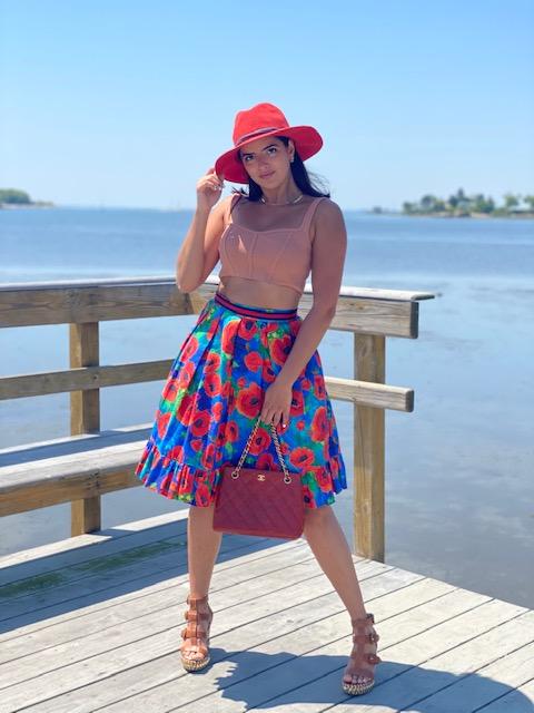 CODO Cotton Poppy Flower Print Ruffled Midi Skirt Multicolor