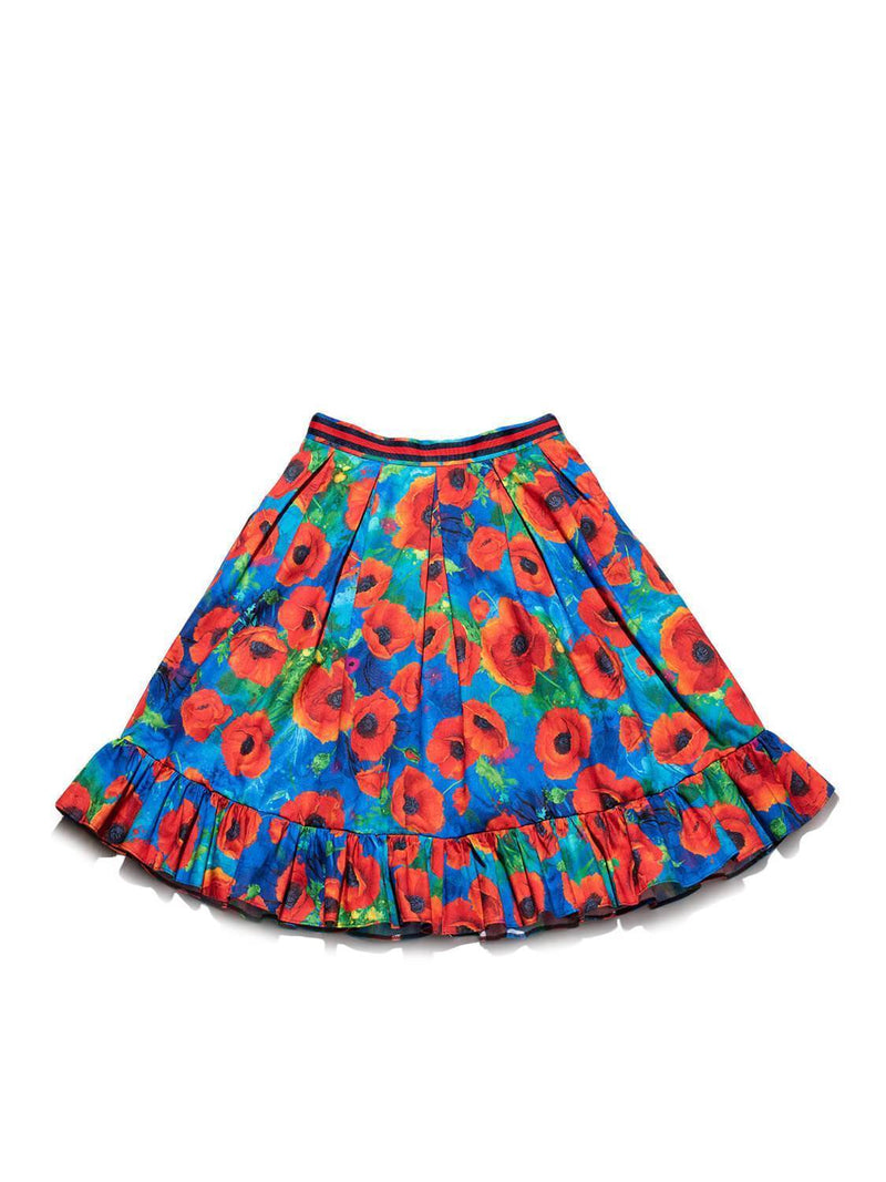 CODO Cotton Poppy Flower Print Ruffled Midi Skirt Multicolor-designer resale