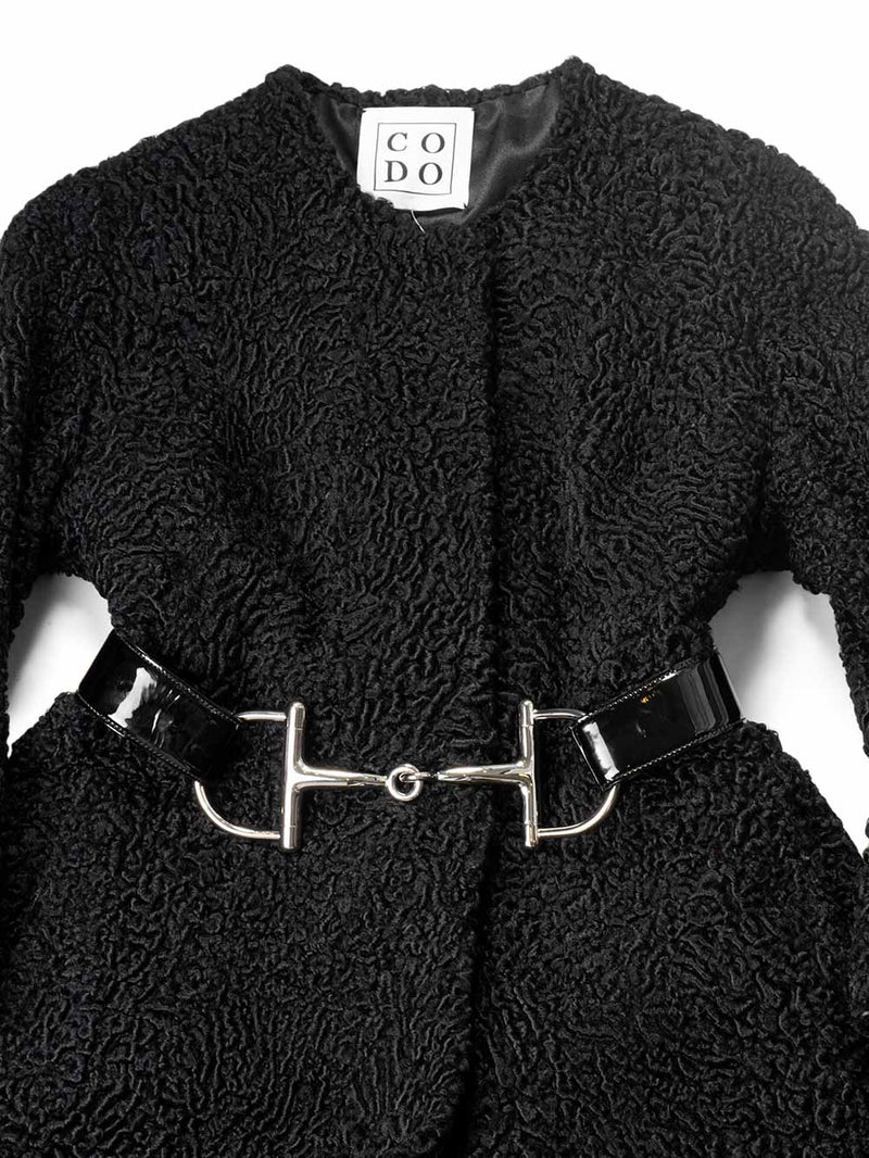 CODO Curly Lamb A Line Long Coat Black-designer resale