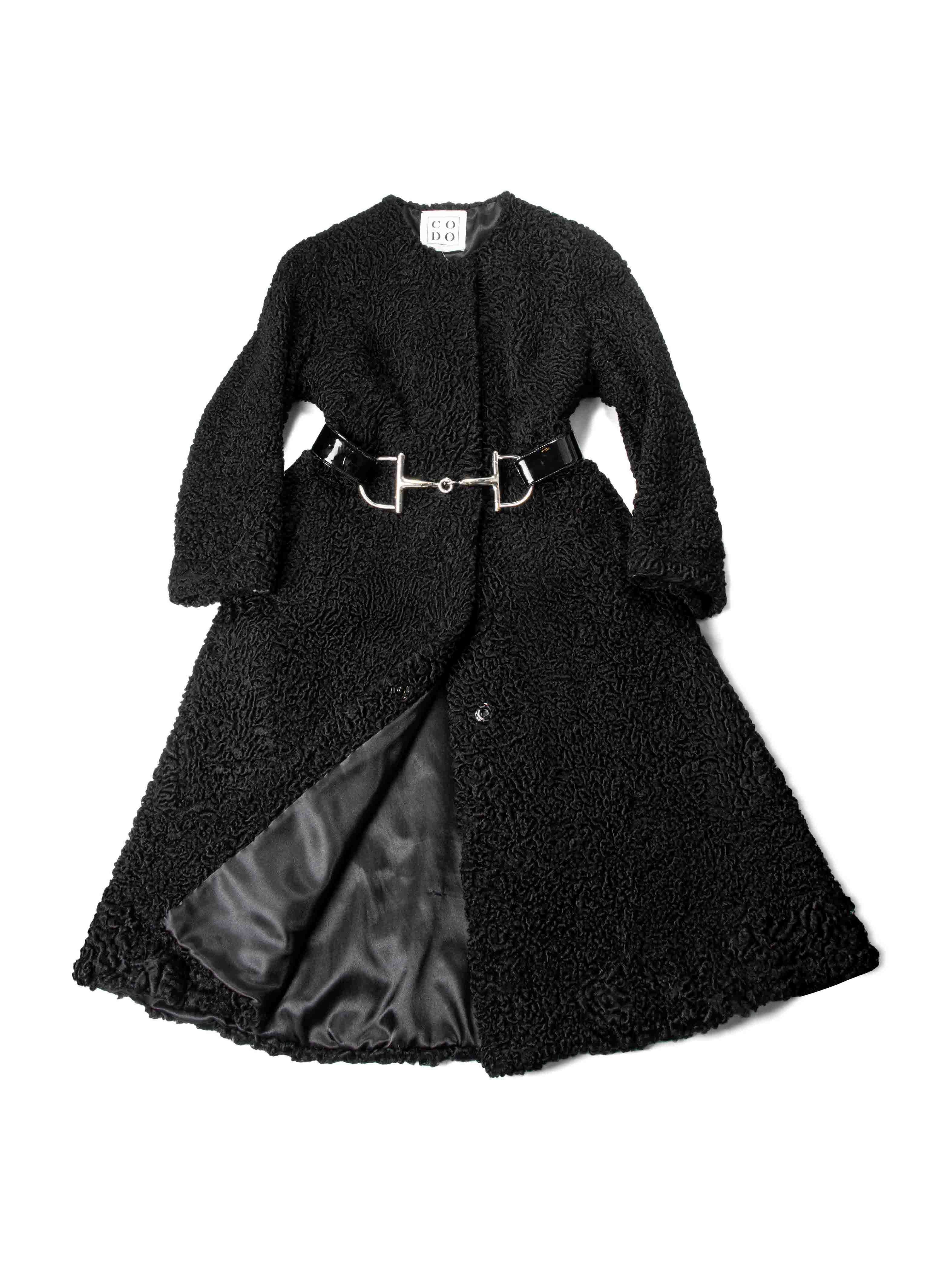 CODO Curly Lamb A Line Long Coat Black-designer resale