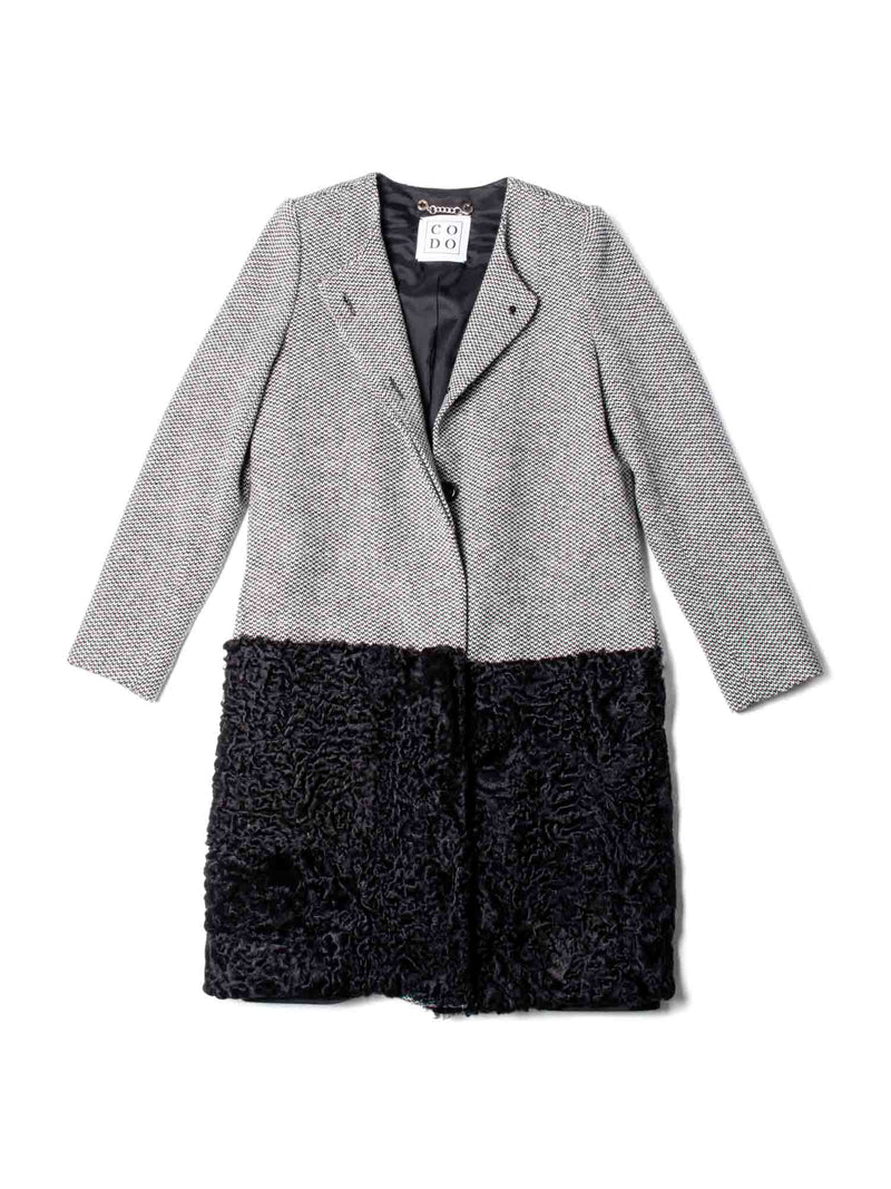 CODO Curly Lamb Fur Houndstooth Wool Coat Black White-designer resale
