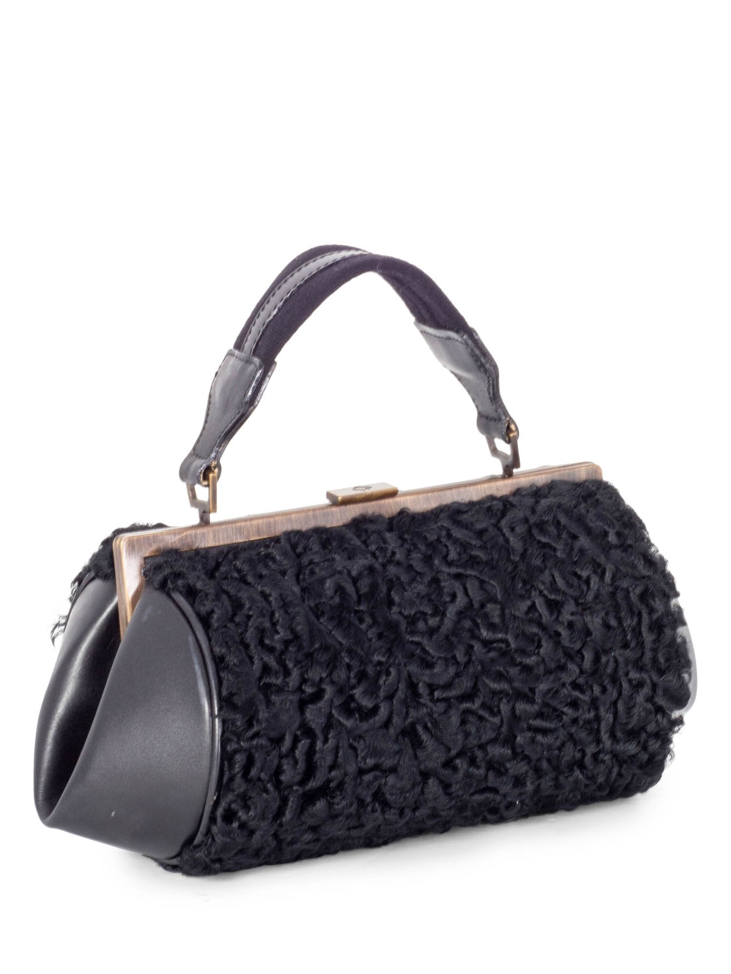 CODO Curly Lamb Fur Top Handle Mini Bag Black