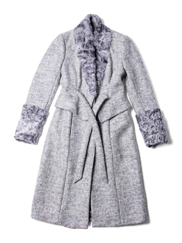 CODO Genuine Curly Lamb Felt Wool Belted Fitted Coat Grey-designer resale