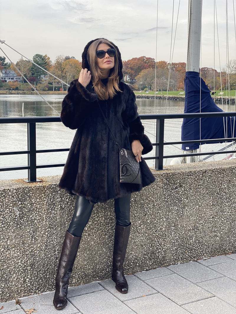 CODO Genuine Mink Fur Hooded Coat Brown-designer resale