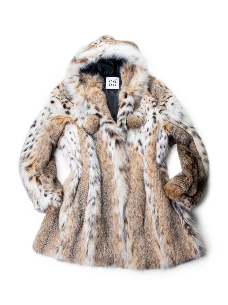 CODO Lynx Fur Hood Pom Pom Short Coat White Beige-designer resale