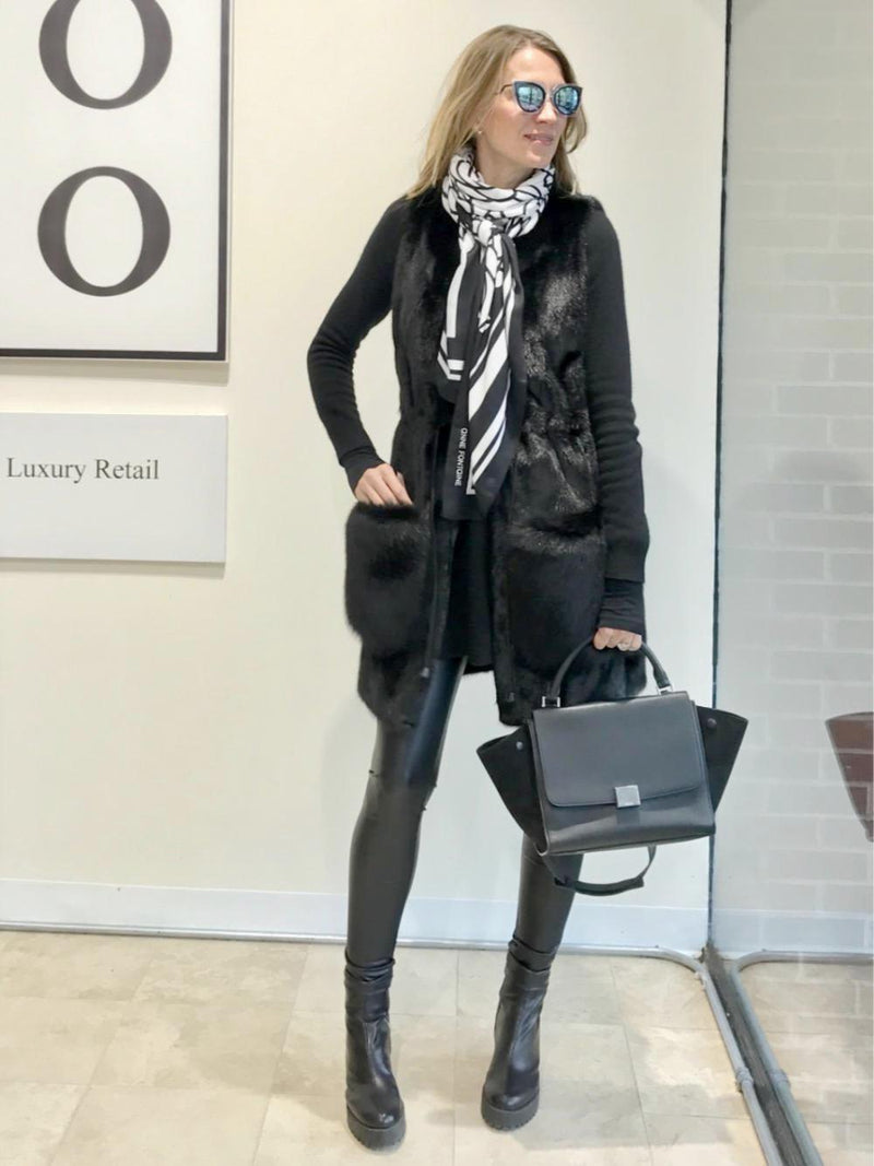 CODO Mink Fur Long Vest Fox Pockets Black-designer resale