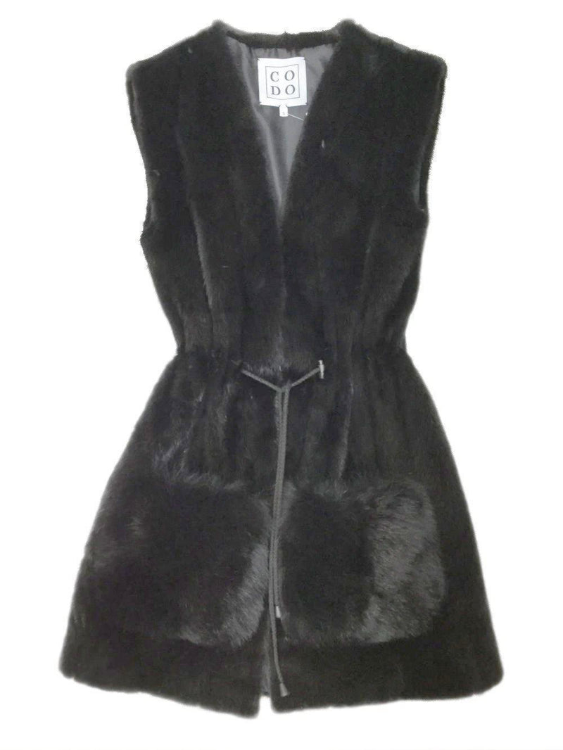 CODO Mink Fur Long Vest Fox Pockets Black-designer resale