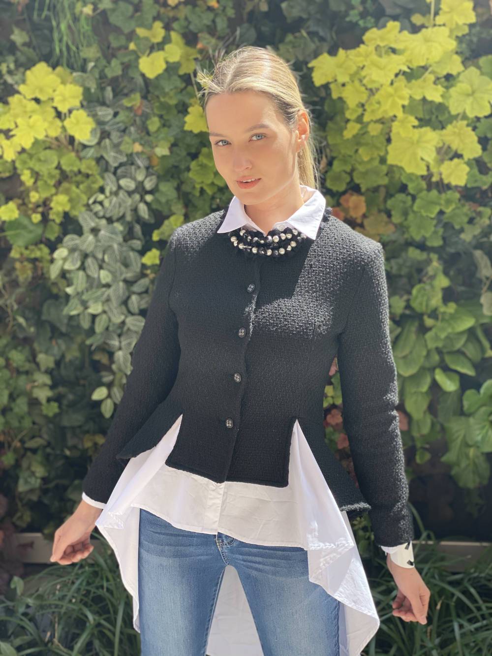 CODO Tweed Fitted High Low Ruffled Jacket Black