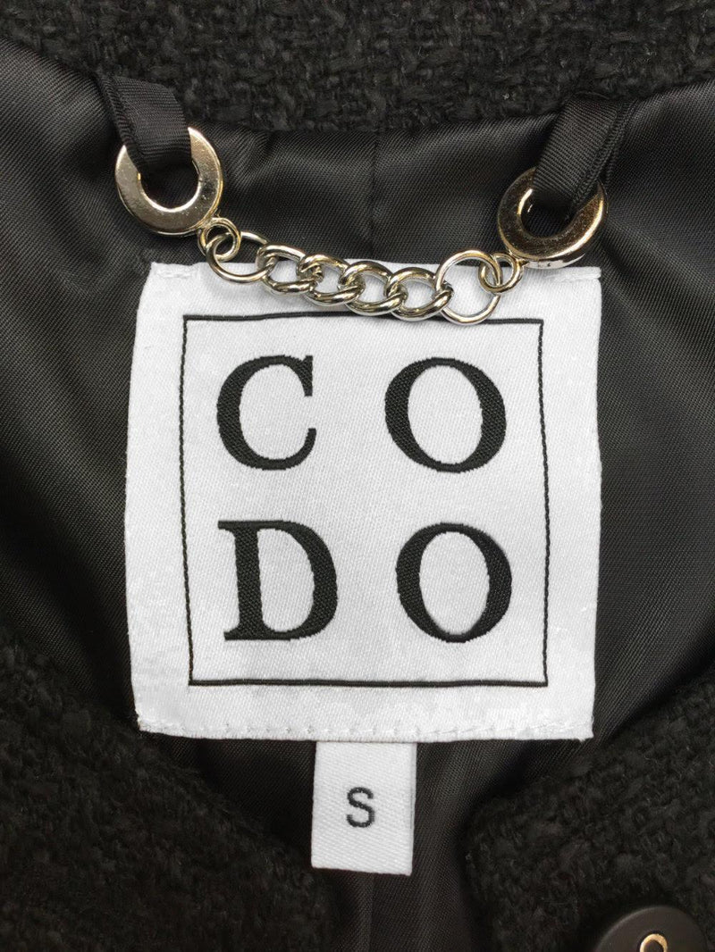 CODO Tweed Fitted High Low Ruffled Jacket Black-designer resale