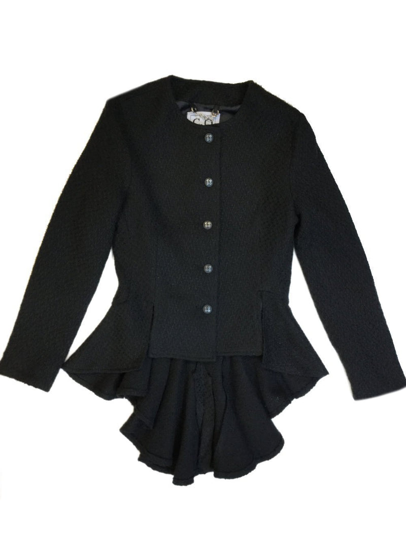 CODO Tweed Fitted High Low Ruffled Jacket Black-designer resale