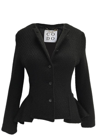 CODO Tweed Fitted High Low Ruffled Jacket Black-designer resale