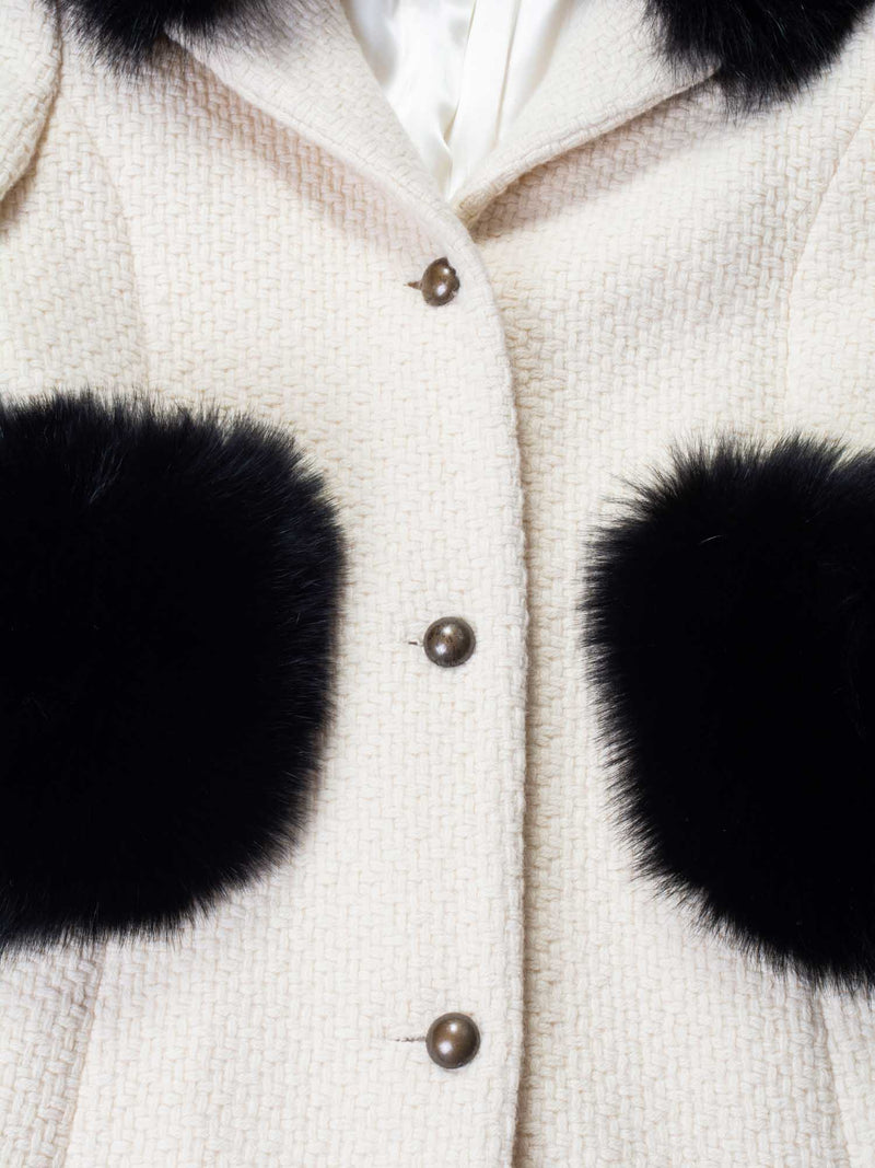 CODO Wool Tweed Black Fox Fitted Coat Ivory-designer resale